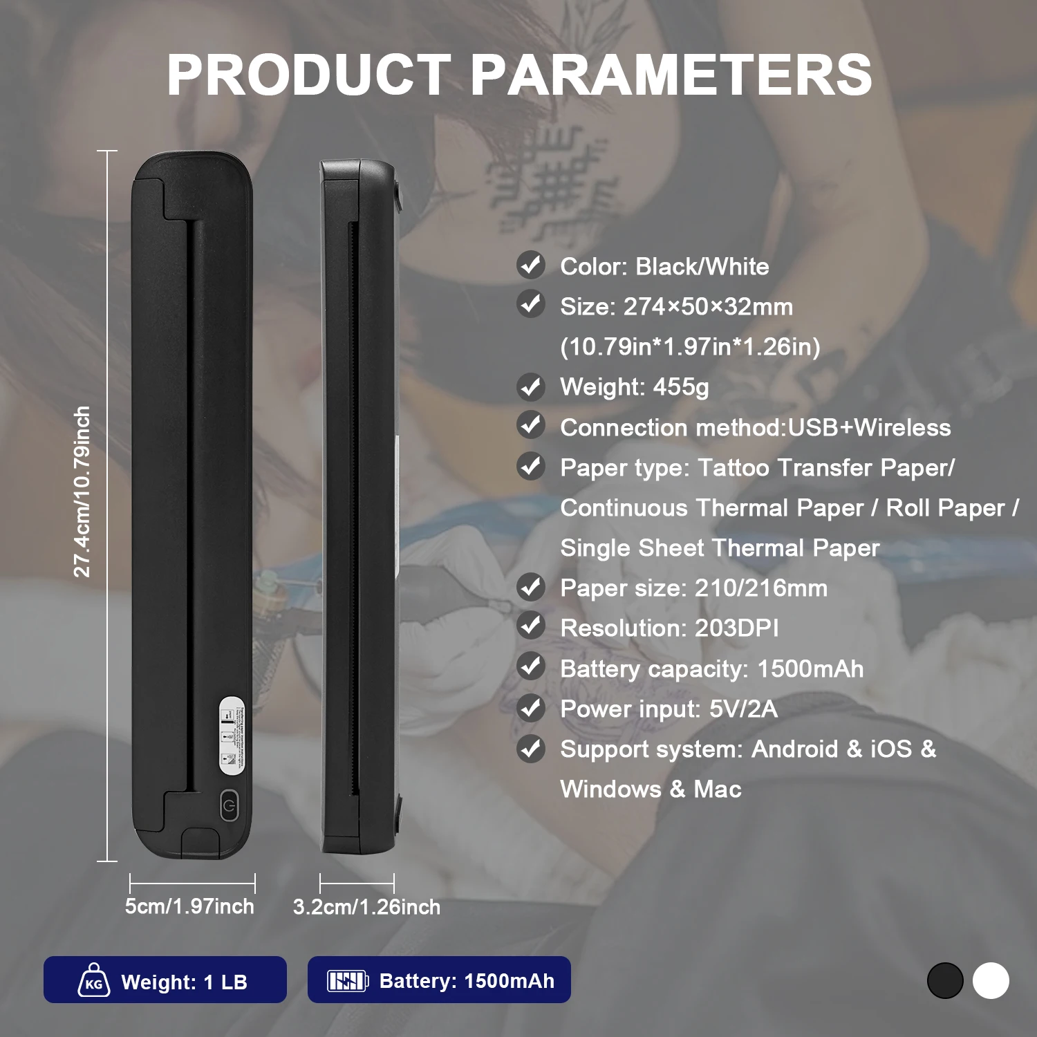Wireless Tattoo Stencil Printer, Inkless Thermal Transfer Printer, Portable A4 Tattoo Printer for Tattoo Artists