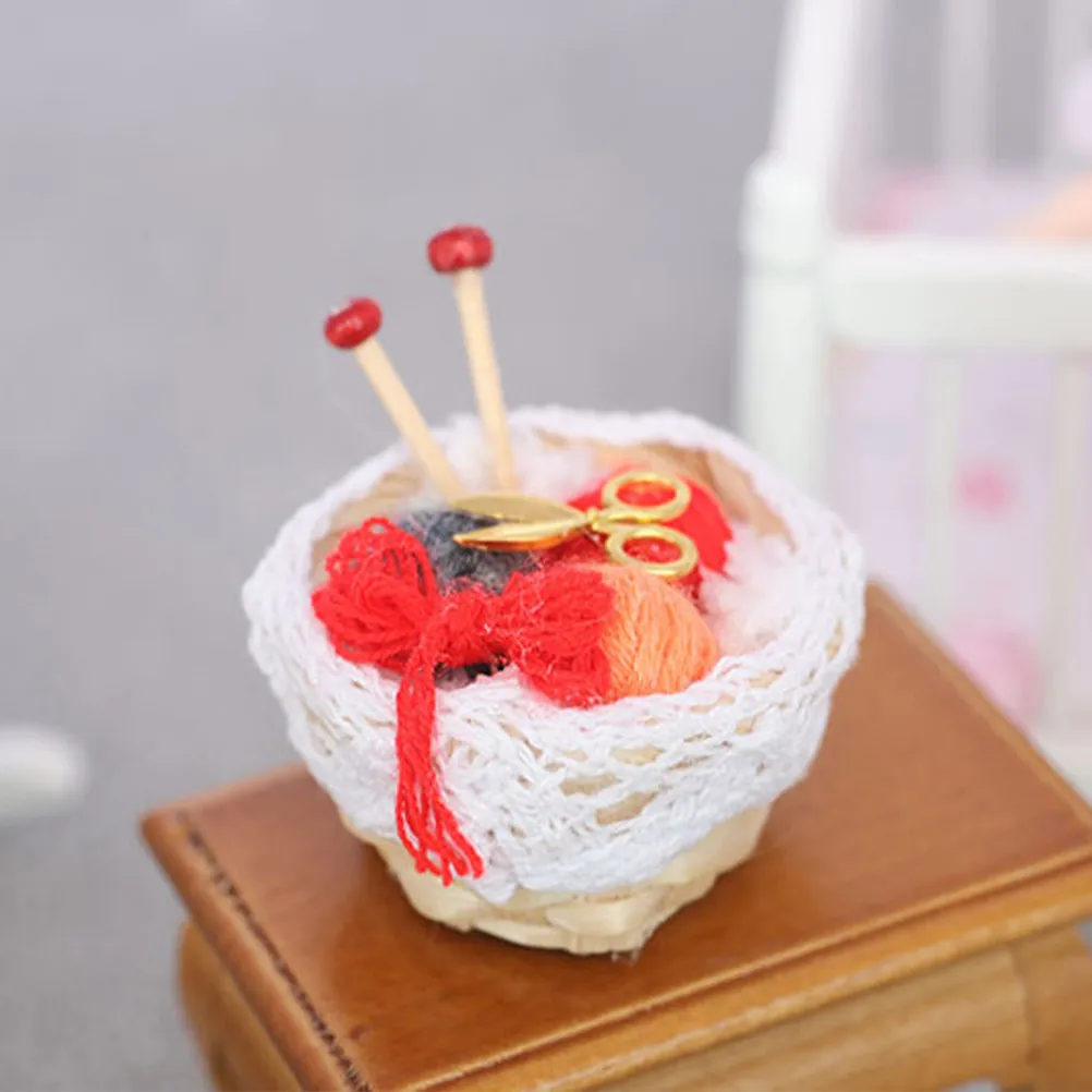 

1Set Mini Woolen Yarn Basket Crafting Accessory Dollhouse Scene Layout 1:12 Scale Miniature Ornament Realistic Knitting Kit Mini