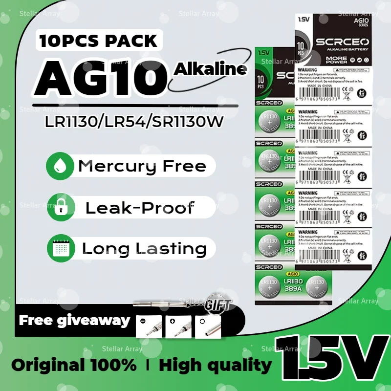 

High Capacity & Reliable AG10 1.5V Button Battery, LR1130 LR54 389A Compatible, for Calculator, Watch, Medical Device, Coin Cell