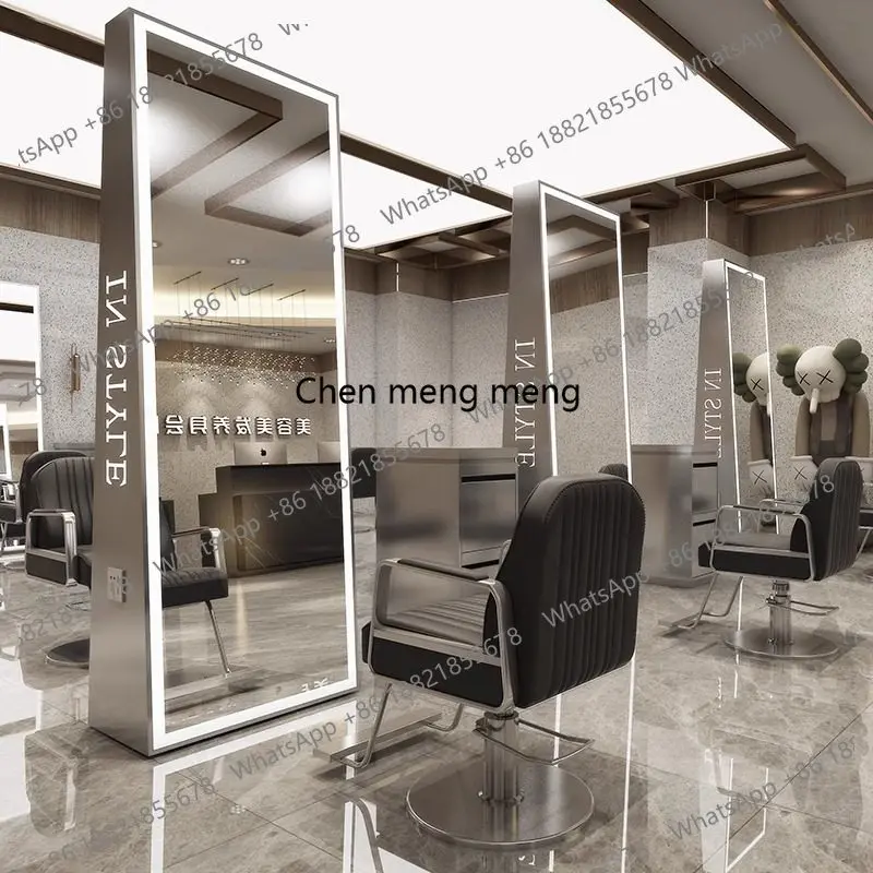 Barber shop mirror, hair salon mirror, single or double-sided perm and dye mirror with lights, floor-standing haircut mirror