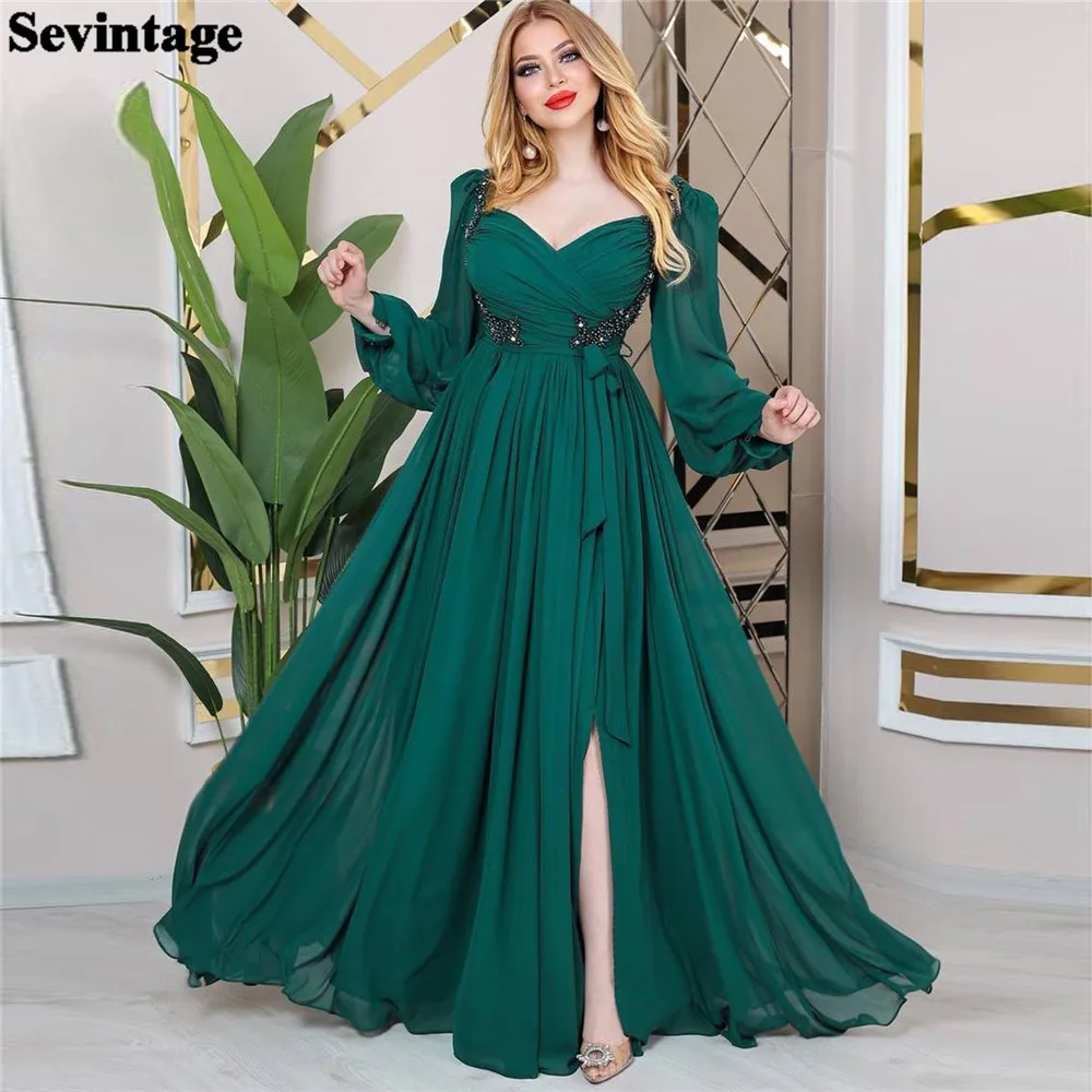 

Sevintage Elegant Green Chiffon Prom Dress V-Neck Long Sleeves Belt Ruched Side Slit Floor Length Evening Dress vestidos de gala