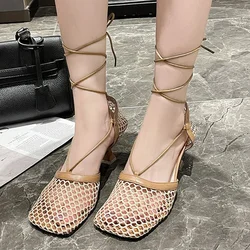 Mesh Hollow Women High Heels Sandals Shoes Designer Summer New 2024 Lace Up Sexy Rome Dress Shallow Mujer Zapatos Pumps Slippers