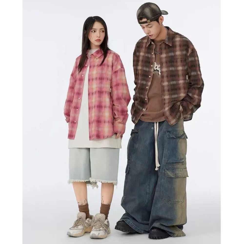 Unisex Checkered Shirt 90s Retro Y2K Fashion Loose Fit Long Sleeve Cotton Blend Streetwear Casual Daily Wear Hiphop Aesthetic