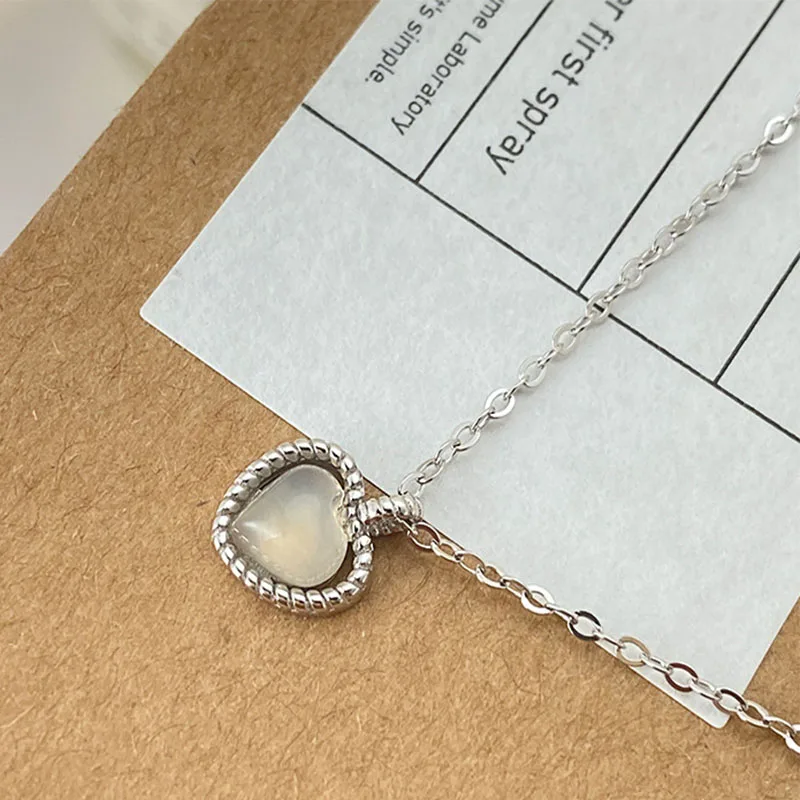 

100% 925 Sterling Silver Chalcedony Love Heart Necklace for Women Girl Simple Hollow Out Jewelry Party Gift Dropshipping