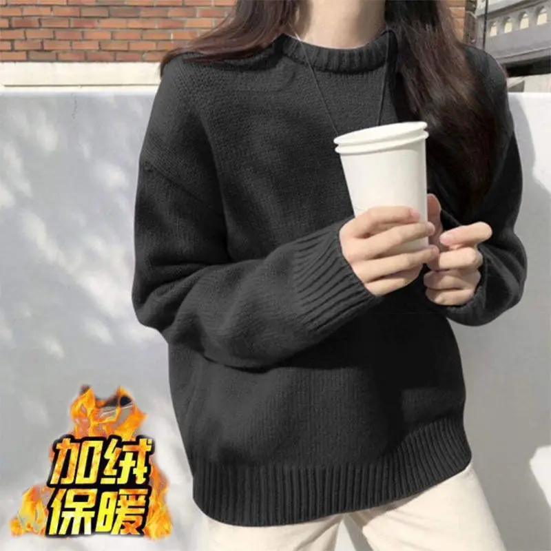 Women's Korean Edition Solid Round Neck Sweater Autumn/Winter New Loose Lazy Style Knitted Shirt Thickened Top Outward Wear