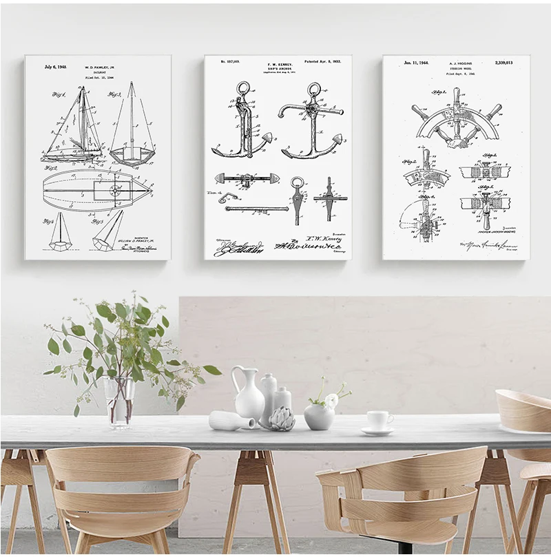 المراكب الشراعية براءات الاختراع طباعة Vintage المشارك بحار الهدايا ، يخت مرساة عجلة السفينة الإبحار مخطط بحري الرسم على لوحات القماش الجدارية #3