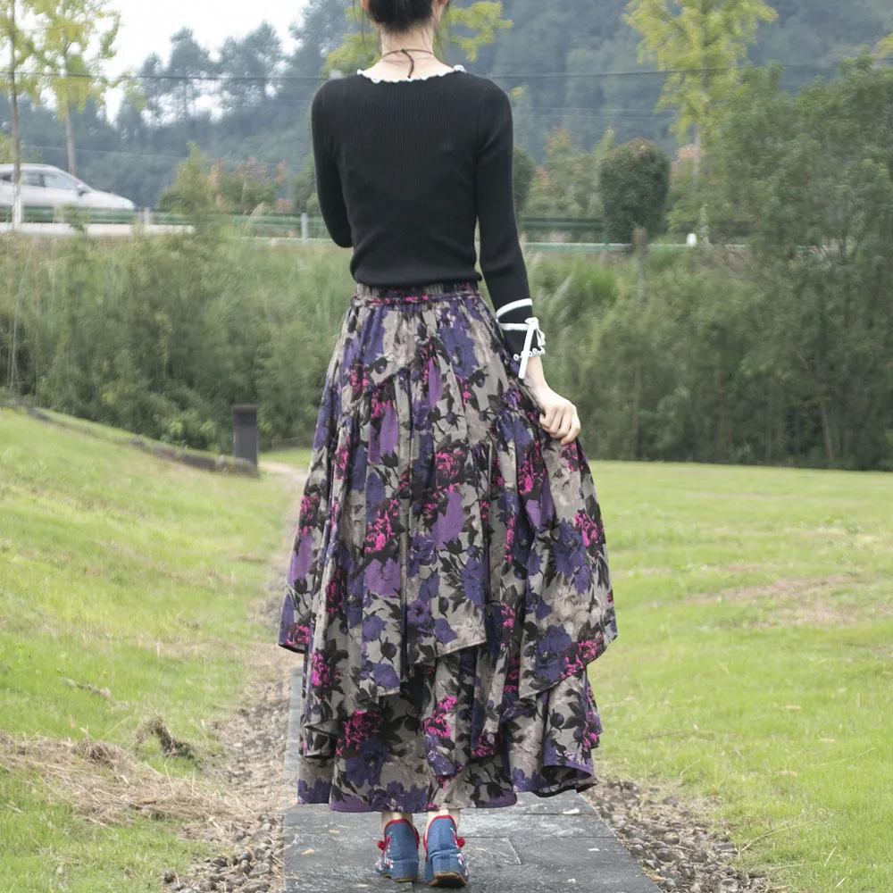 Free Shipping Chinese Style S-2XL 2023 Winter Long Maxi A-line Elastic Waist Women Autumn Cotton And Linen Flower Printed Skirts