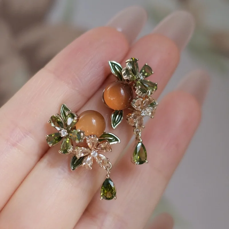 Huitan Fresh Flower Leaf Drop Earrings for Women Orange Stone Aesthetic Wedding Geometric Cubic Zirconia Elegant Party Jewelry