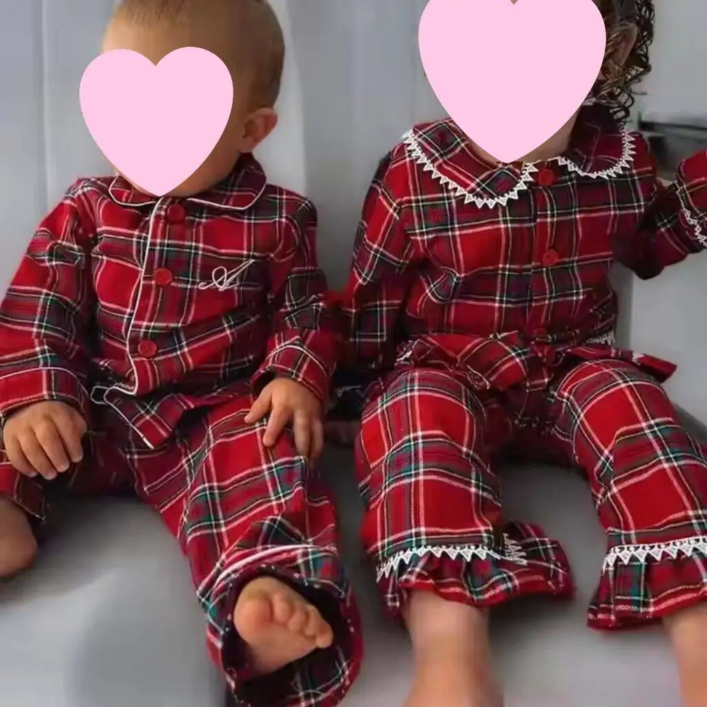 Flannel Christmas Family Matching Outfits Boys And Girls Ruffle Pajamas White Lace Red Long Sleeve Baby Button Kids Pyjamas Sets