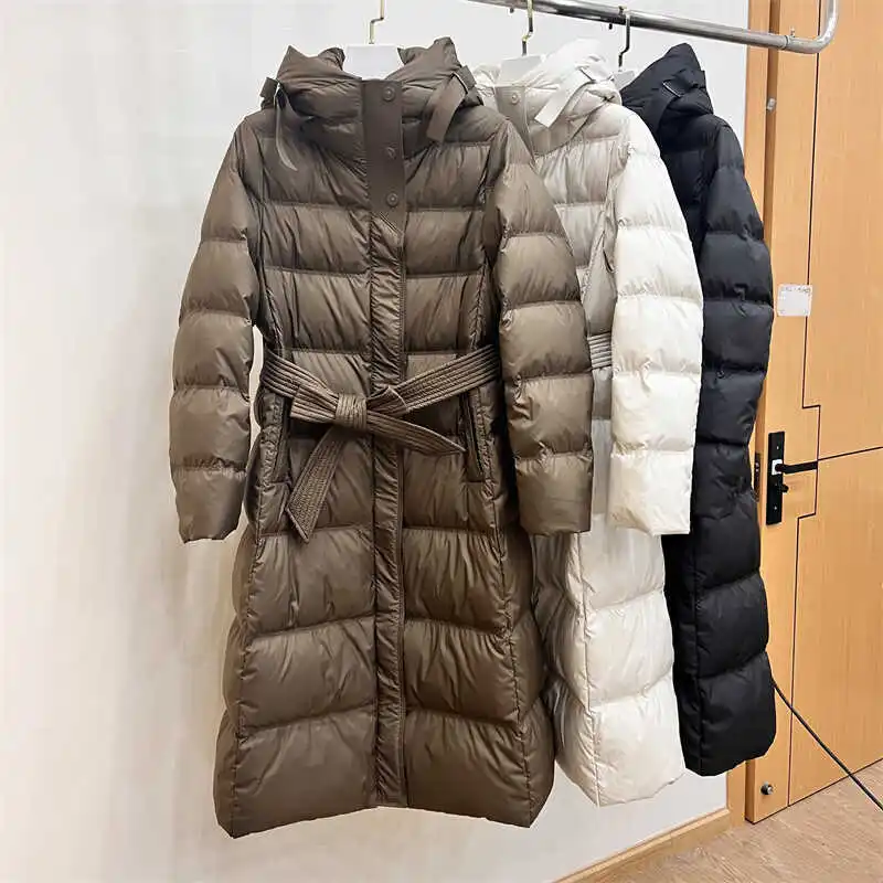 

Slim Over the Knee Hooded Parka for Women, Long Down Jacket Warm Coat Lace-up Waist Thin Waist Coats Winter Fashion 90 Duck Down