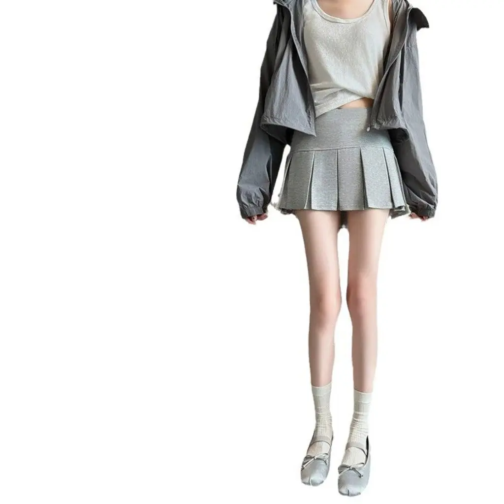 

Grey High Waist Pleated Skirt for Women Summer Slimming Anti-glare A-line Three-point Sport Mini-length New Arrival