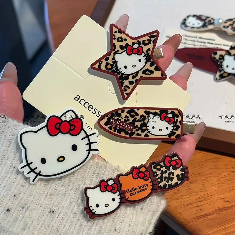 Sanrio hello kitty clipe de bico de pato grampo de cabelo dos desenhos animados kitty gato café leopardo padrão franja lateral grampo de cabelo acessórios de cabelo