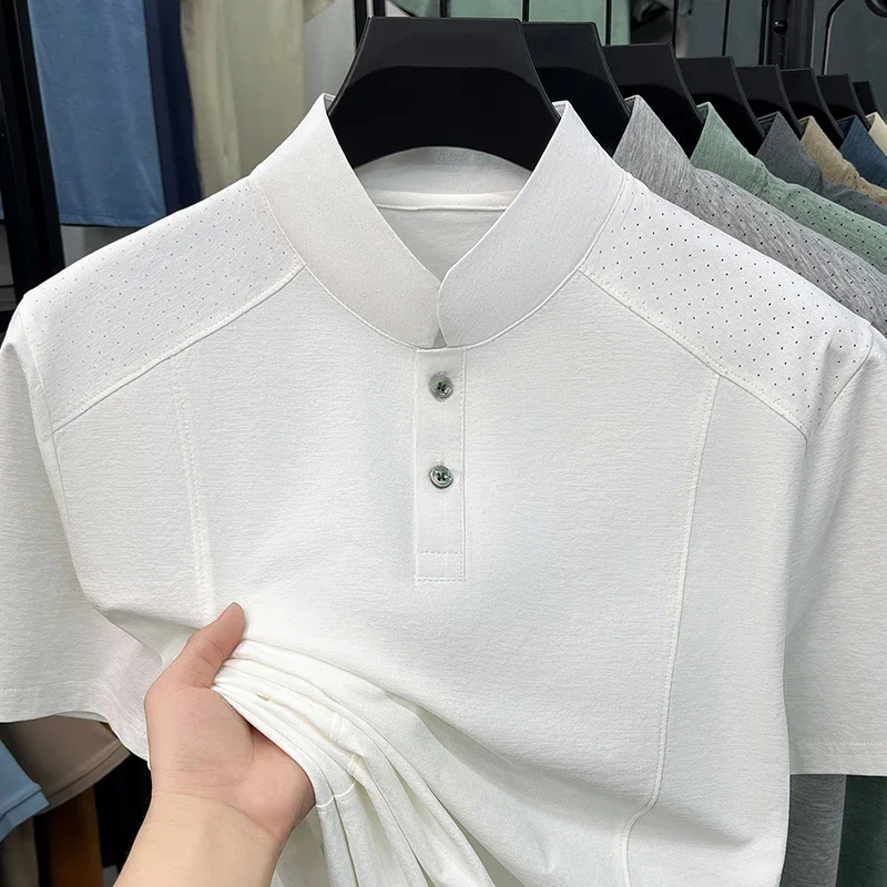 Multi occasion male soft heather knit t shirt split stand mandarin neck shoulder hollow breathable thin elastic outdoor top