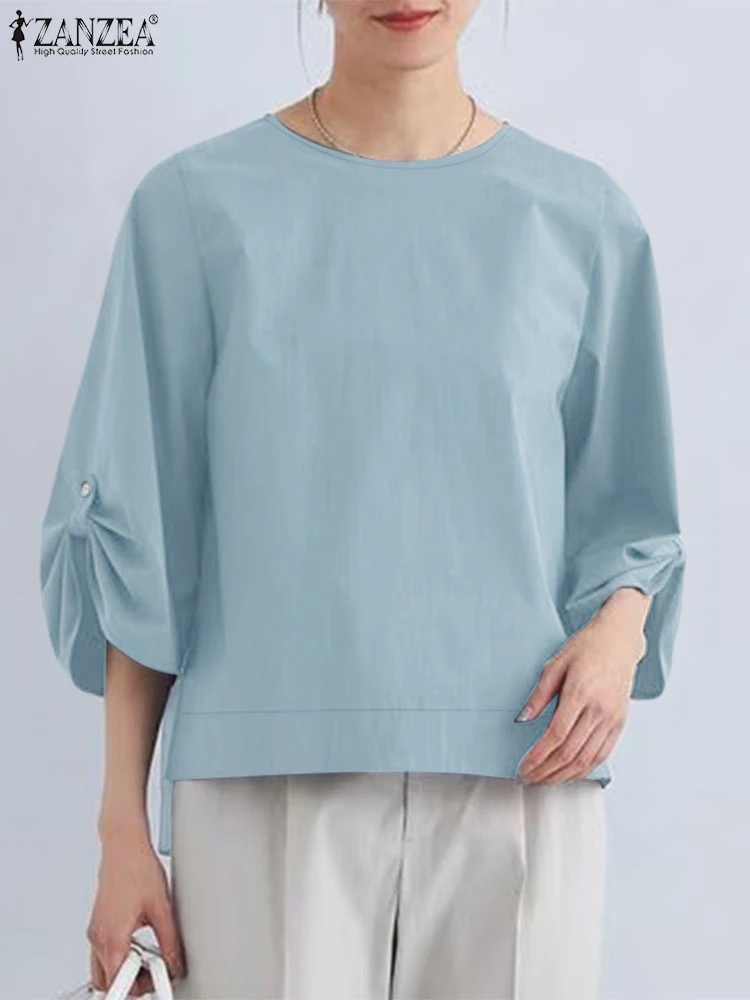 

ZANZEA Women Blouses Fashion 3/4 Sleeve Casual Solid Color Shirts 2025 Summer O-Neck Elegant Office Lady Tops Loose Tunic Blusas