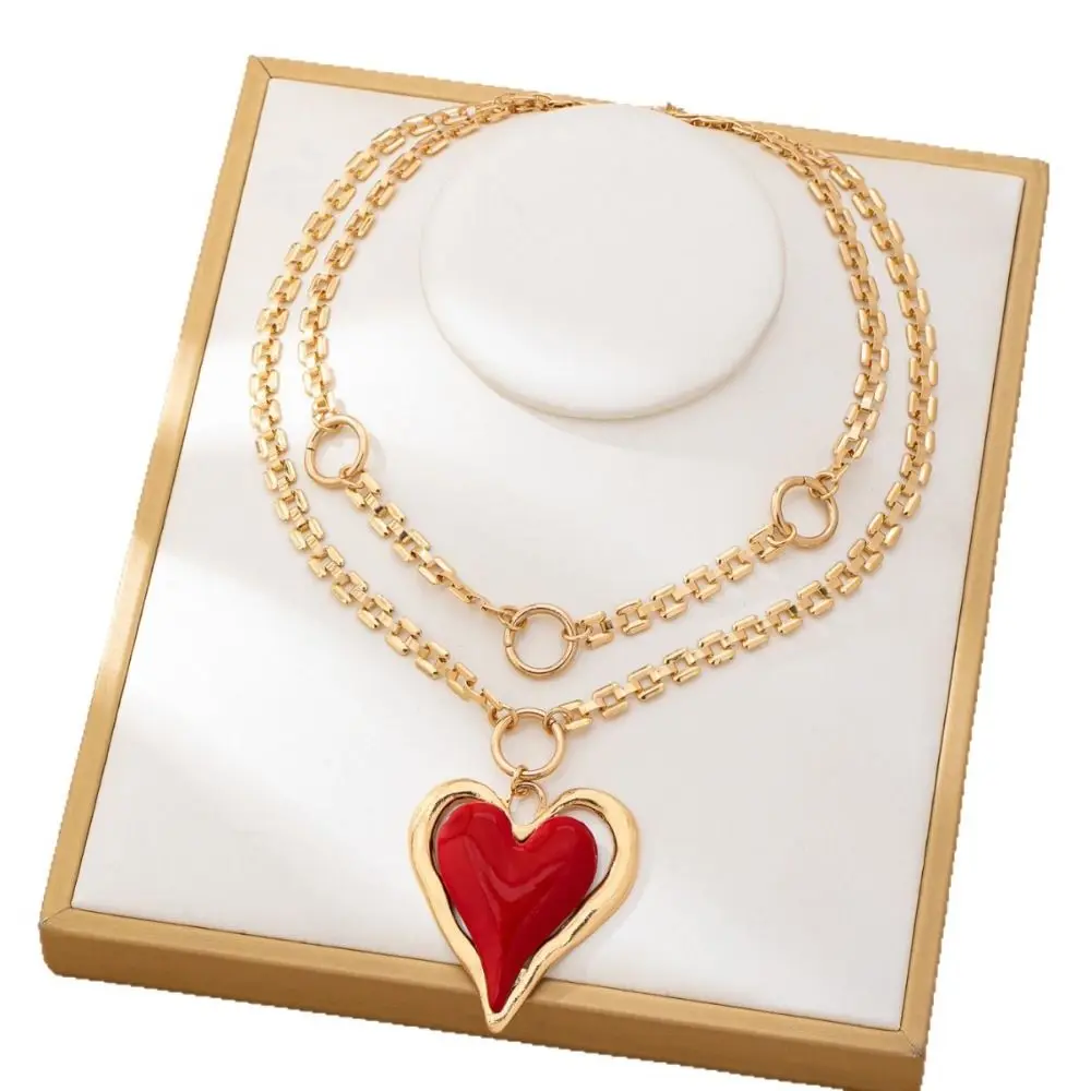 Gold Color Heart Jewelry Set Enamel Heart Chunky Chain Heart Pendant Necklace Red Peach Heart Irregular Strap