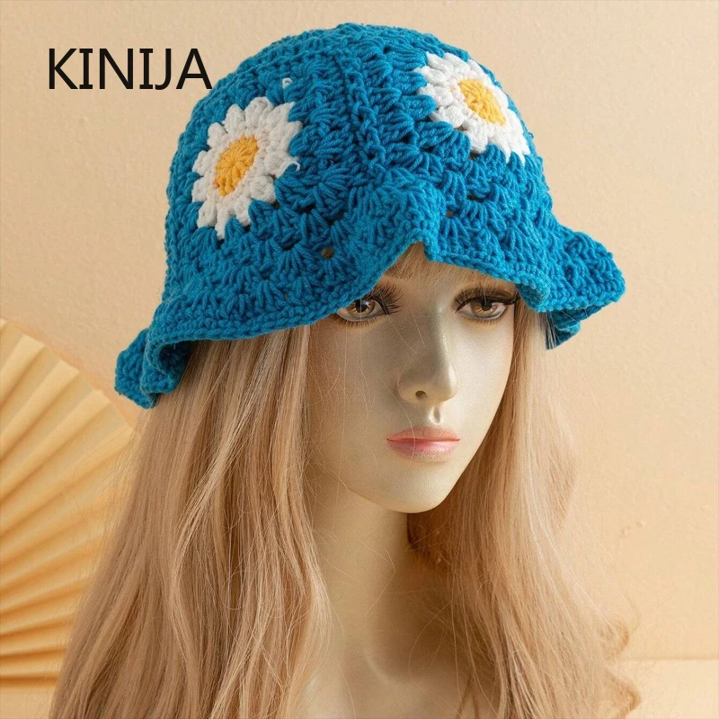Handmade Crochet Flower Bucket Hat for Girls Korean Fisherman Hat Ins Travel Beach Panama Cap Knitted Hat Winter Beanie Cap