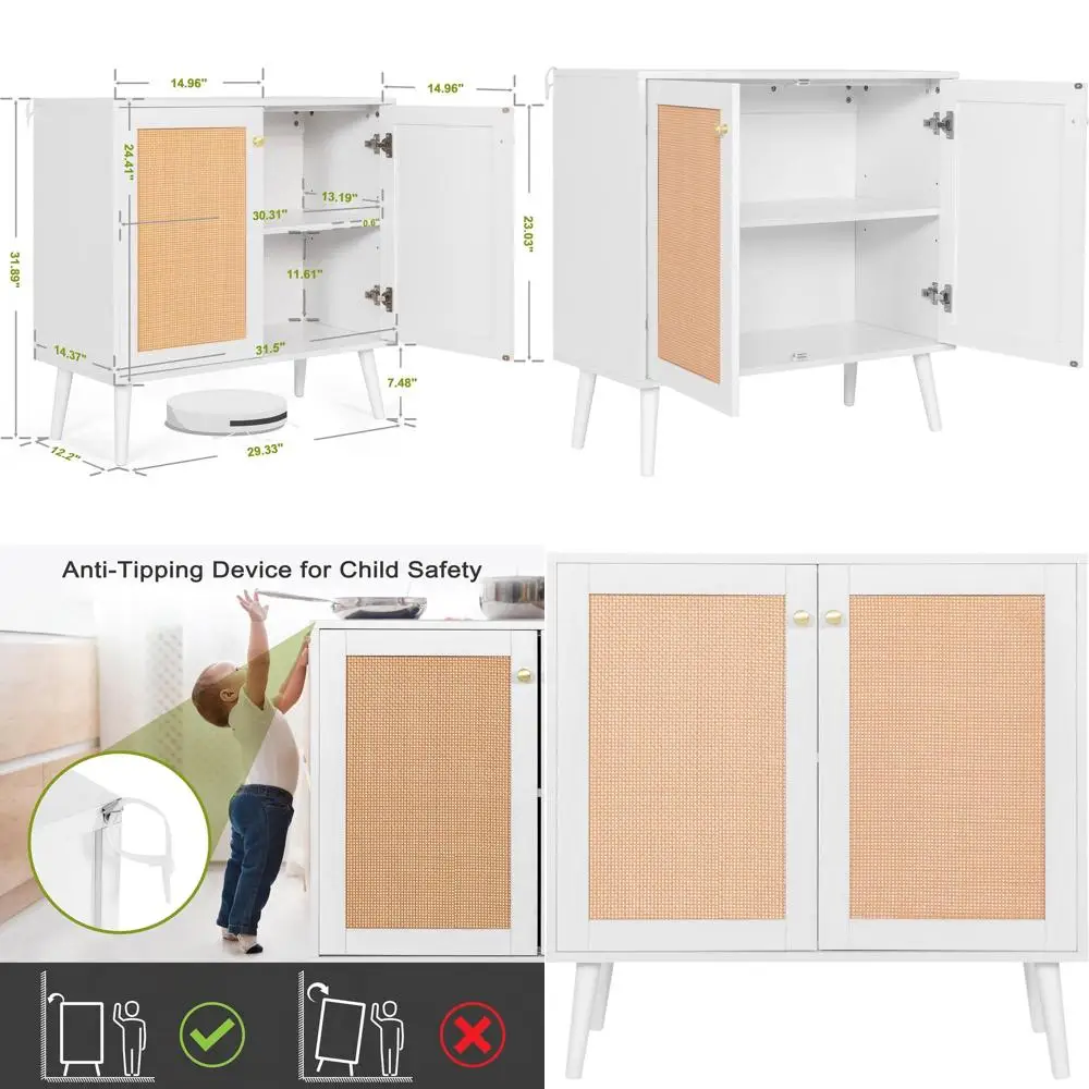 

Wicker-Decorated White Sideboard Cabinet for Kitchen, Hallway, or Living Room Storage