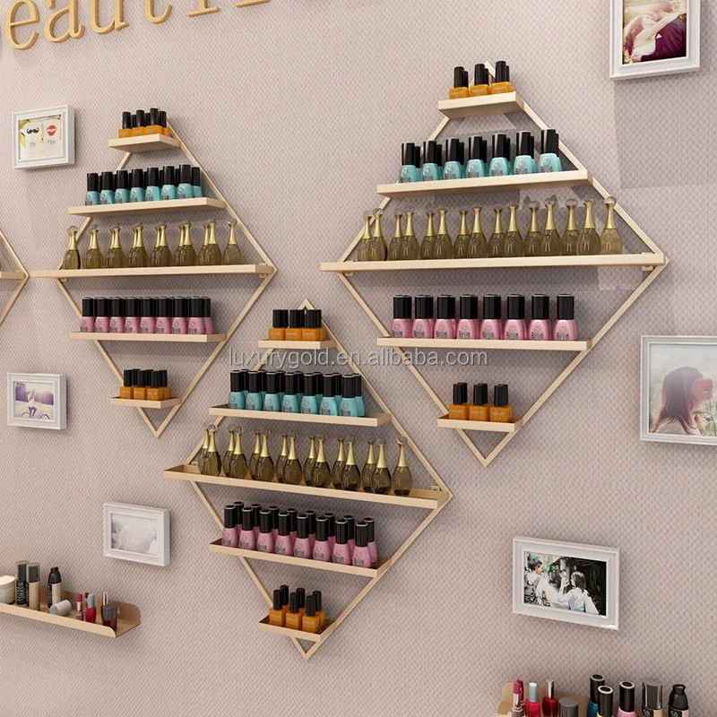 

Настенный органайзер для лаков для ногтей в скандинавском стиле «Ромб», золотая подставка для лаков для ногтей, настенный стеллаж для салона красоты и гардеробной