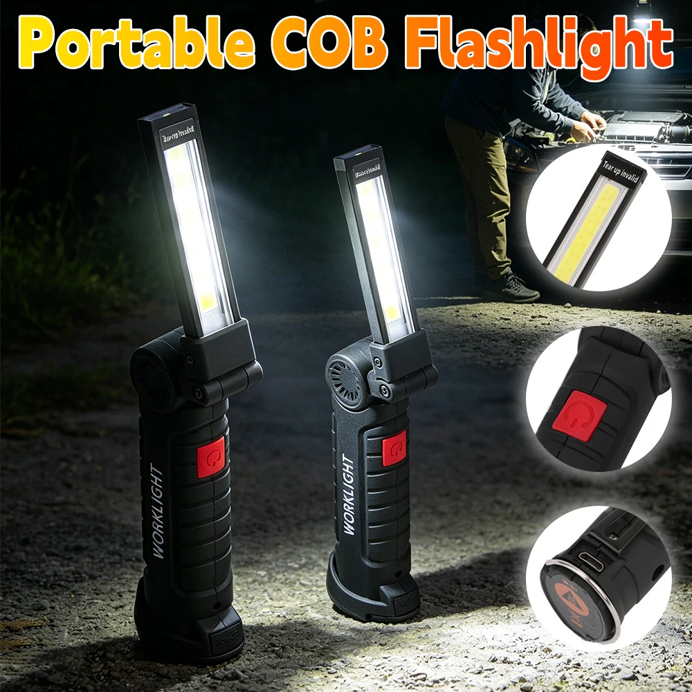 USB Rechargeable Flashlight Built-in Battery Folding Work Light COB LED Lamps