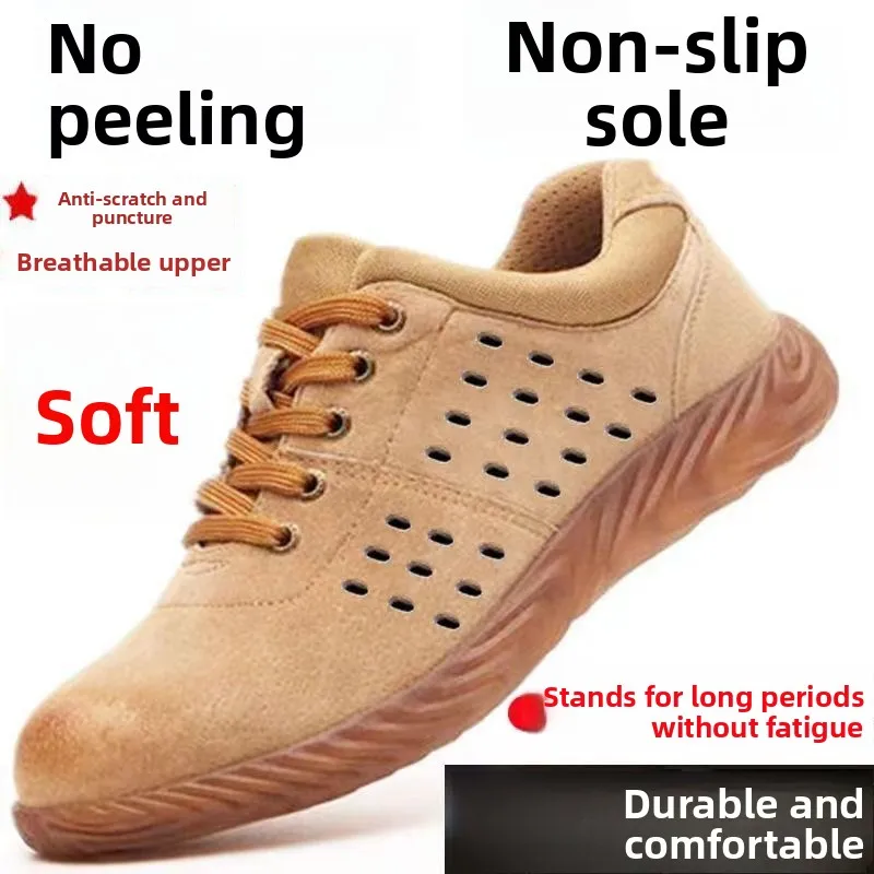 

Men's Welding Work Shoes Summer Breathable Leather Steel Toe Anti Crush Lightweight Soft Bottom Construction Site Work Boots