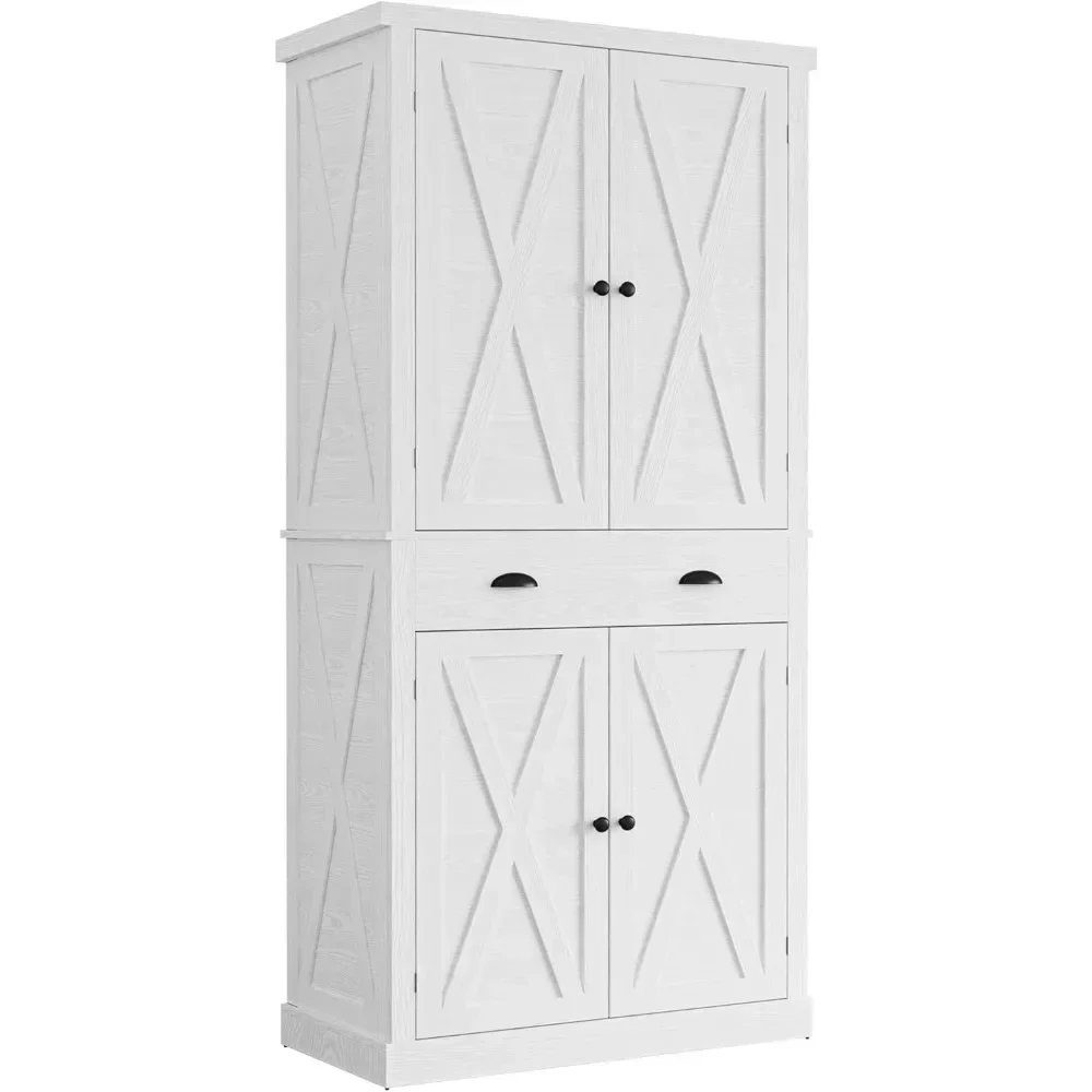 

Kitchen Pantry Storage Cabinet 72" Height, with Barn Doors, Drawer, 4 Adjustable Shelves, Freestanding Cupboard