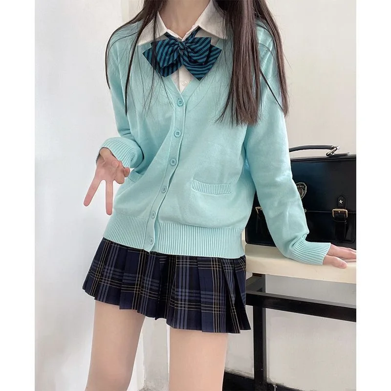 Japanese College Style Cotton Knitted Sweater Cardigan Aqua Blue Women Long Sleeved JK Uniform Sweater Jacket Top V Neck Casual