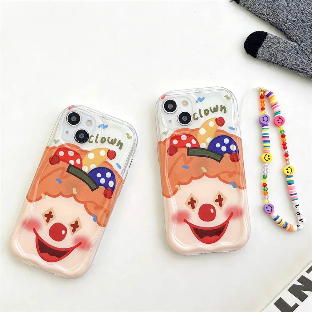 Playful Carnival Clown Wavy Clear TPU Phone Case for 17 Pro Max Bead Wrist Chain Cartoon Protective Cover for iPhone 16 15 13