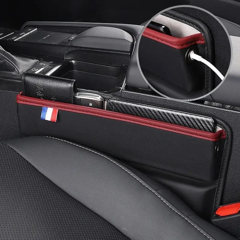 PU Leather Car Seat Gap Organizer Car Front Seat Side Bag for Cellphone Keys Glasses Reserved Charging Cable Hole Phone Holder