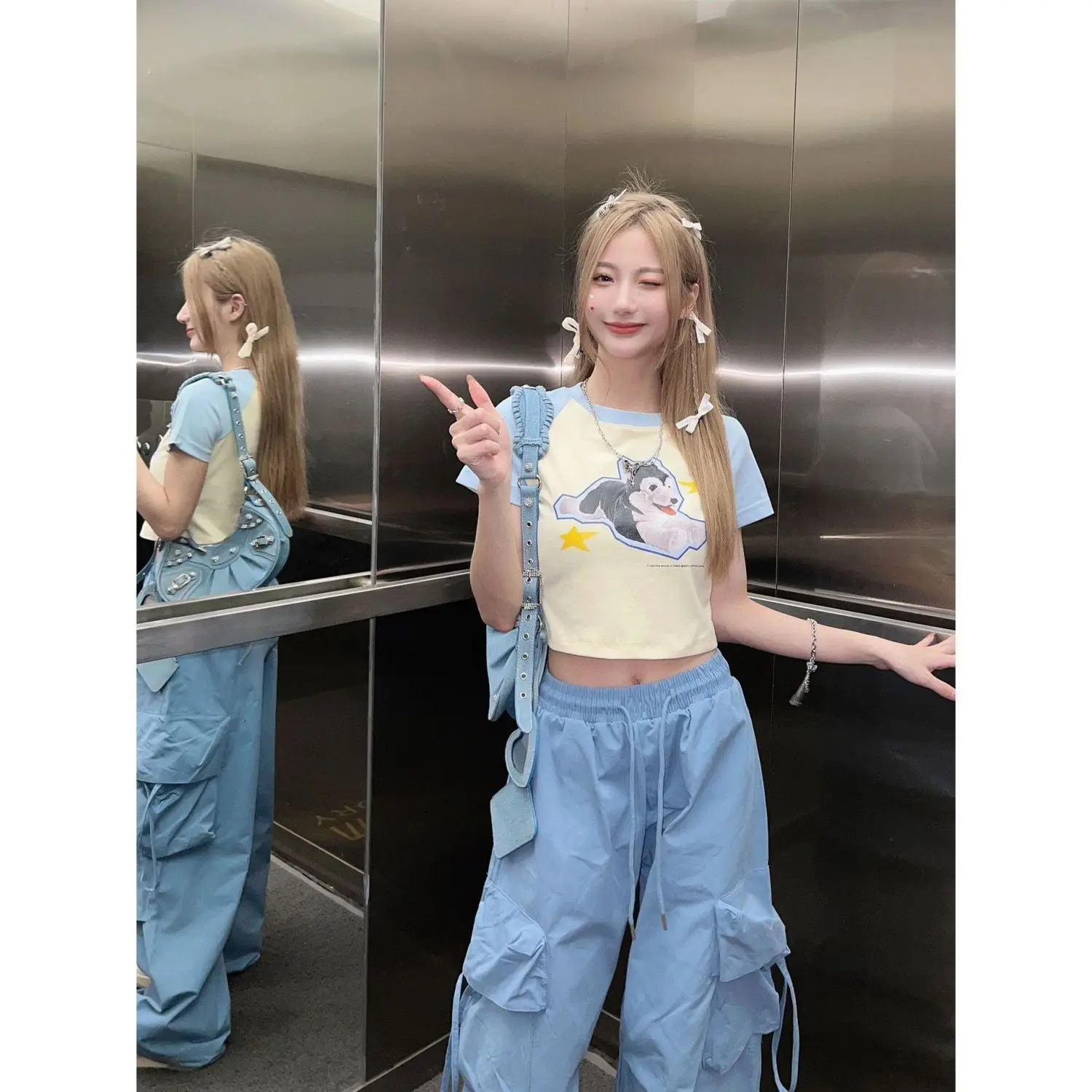 

2025 Summer Cute Cartoon Dog Slim T Shirts Blue Cargo Pants 1 or Two Piece Suits Lady Fashion Trendy Crop Tops Trousers Outfits