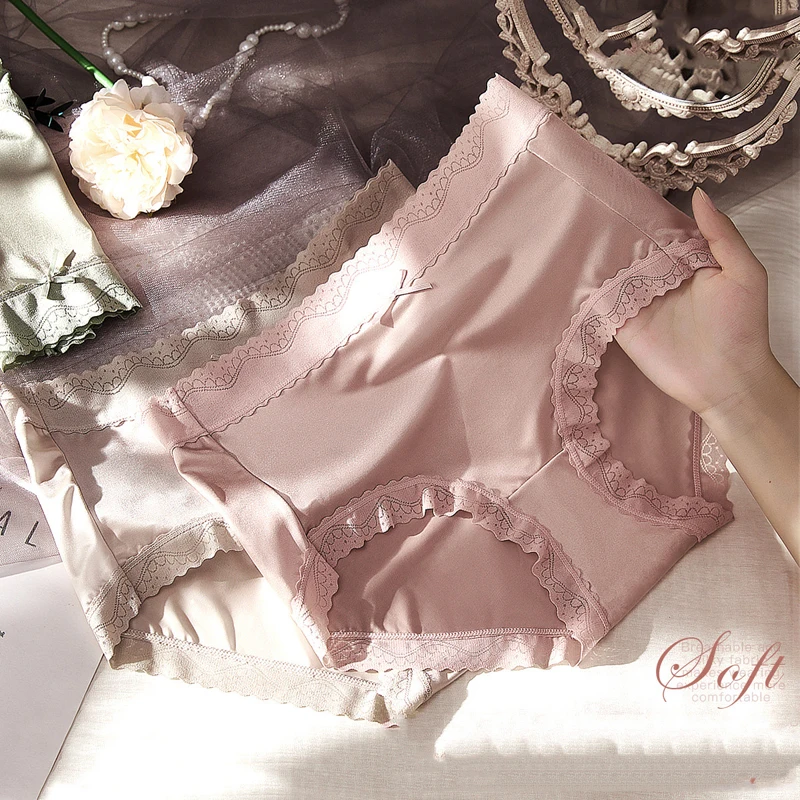 Sexy Lace Seamless Panties Women Silk Underwear Solid Mid-Waist Nylon Underpants Ladies Briefs Cotton Crotch Female Lingerie
