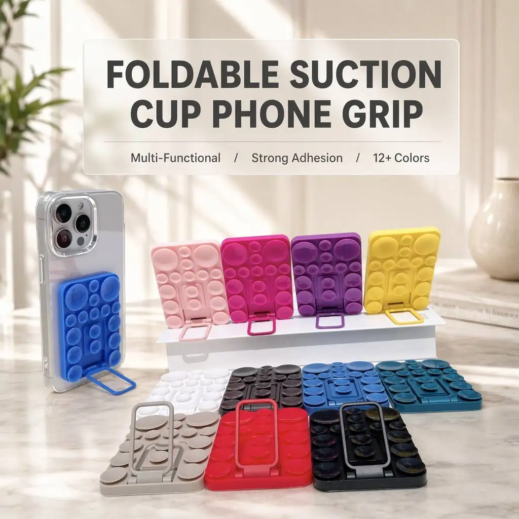 Silicone suction cup mobile phone holder with zinc alloy foldable holder, 24 suction cups can be attached to mirror glass