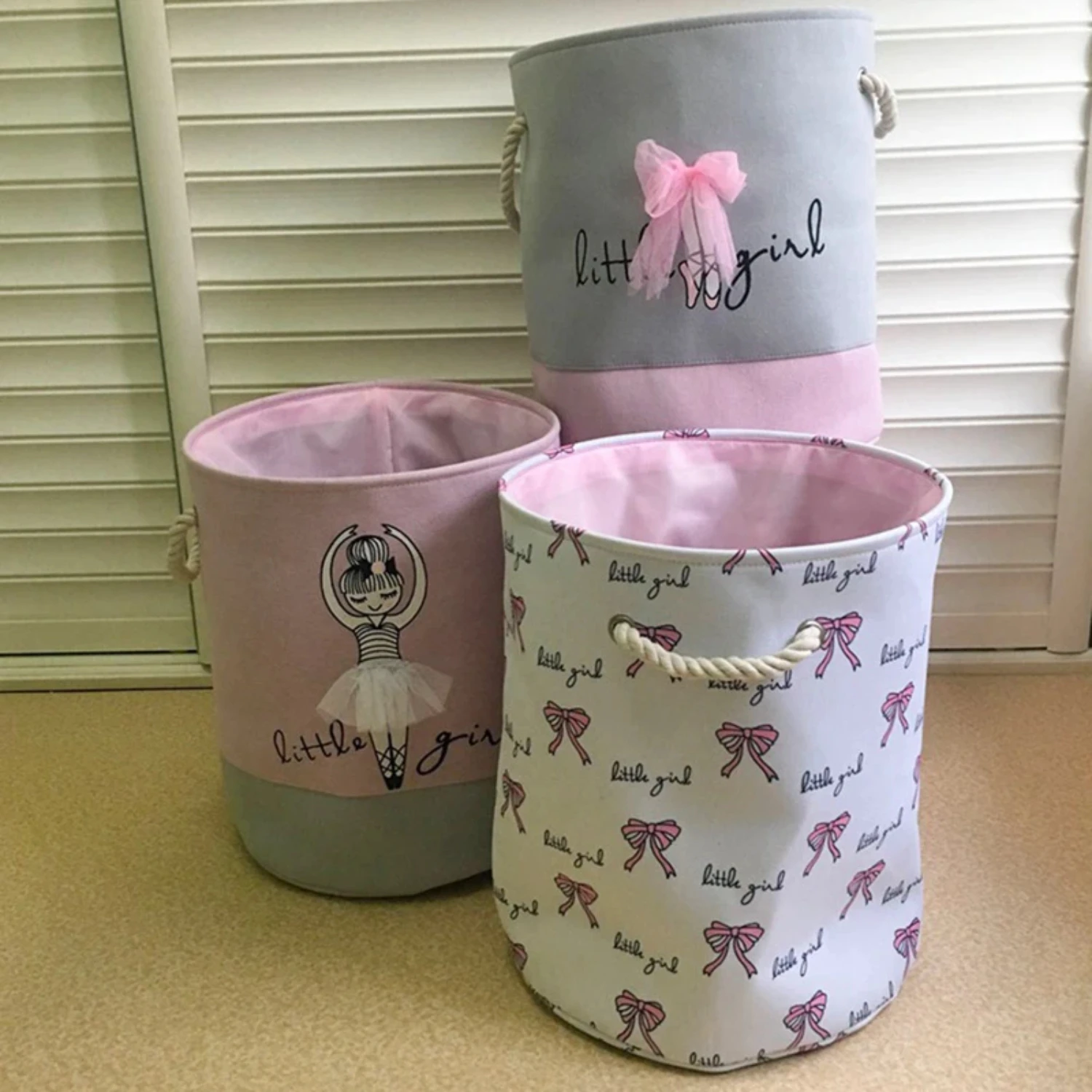 Kids Laundry Basket Organizer Cotton Linen Ballet Girl Bow Print Toys Storage Basket Home Organization For Dirty Clothes