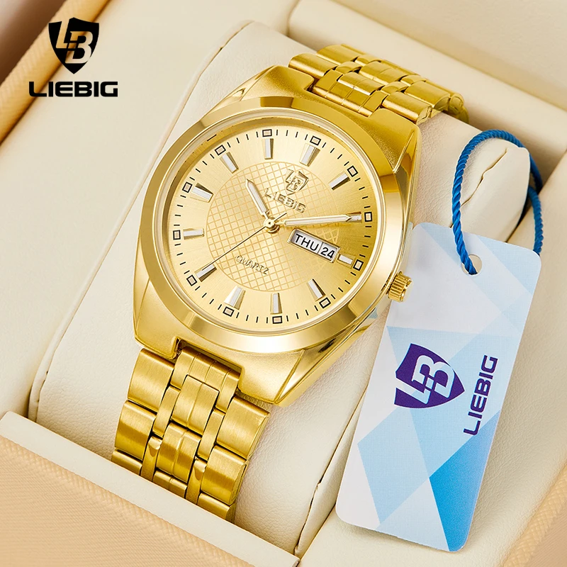 LIEBIG Luxury Stainless Steel Golden Men Fashion Watches Time Date Waterproof Quartz Wristwatch Clock For Male Women reloj