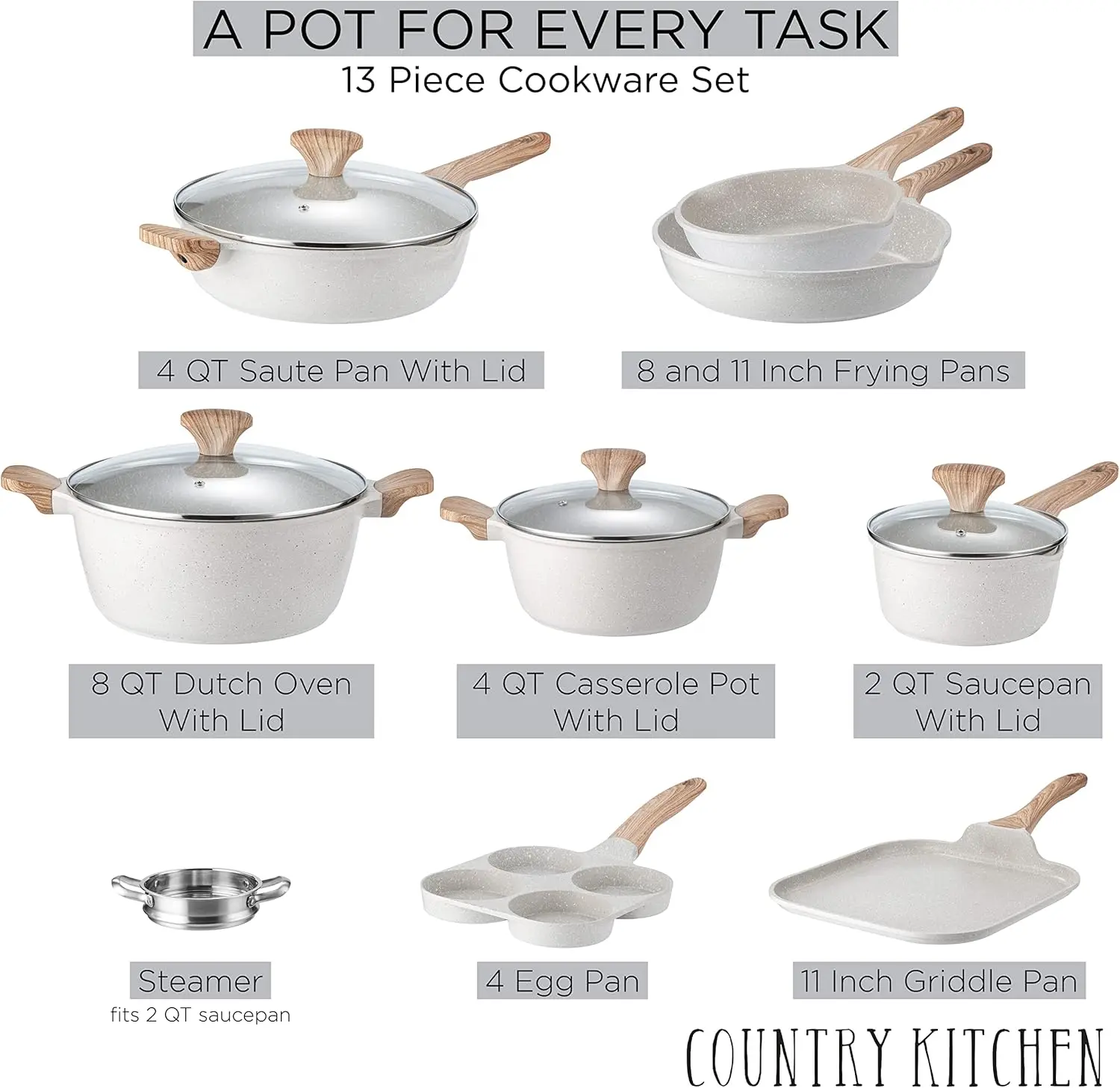 Country Kitchen Non-Stick Cast Aluminum Cookware Set - Durable Kitchen Cookware for Everyday Cooking, Cream, 13 Pc.