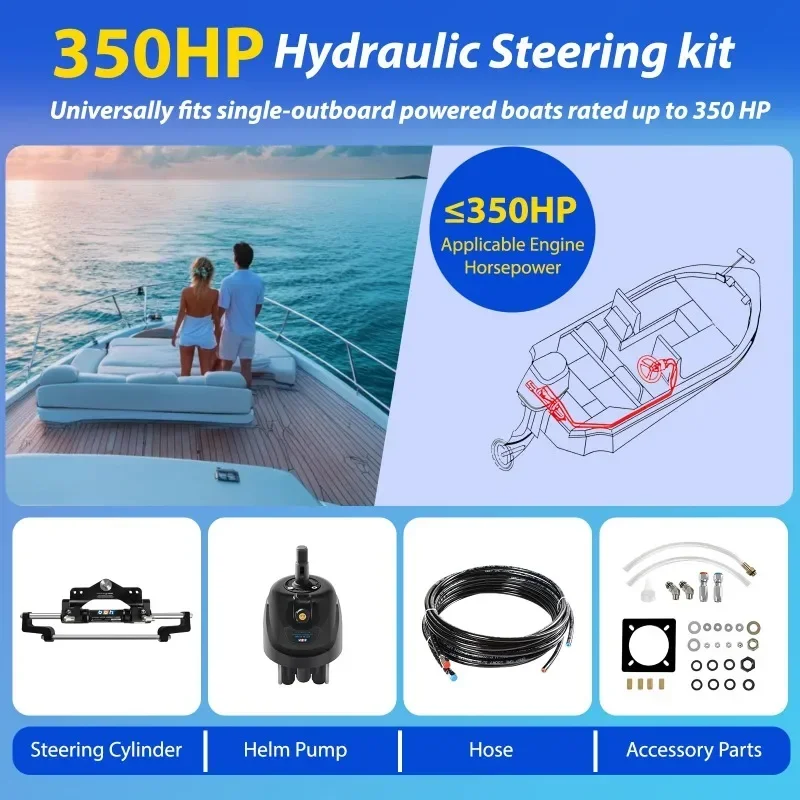 BBH 350HP Boat Hydraulic Outboard Steering System Kit with Steering Wheel,Hydraulic Cylinder, Helm Pump and Tubing