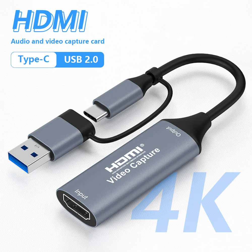 4K 2 in 1 USB 2.0 Video Capture Card USB/Type-C to HDMI 1080P Game Live Recorder For PS4 PS5 Switch Xbox Windows Mac iPad