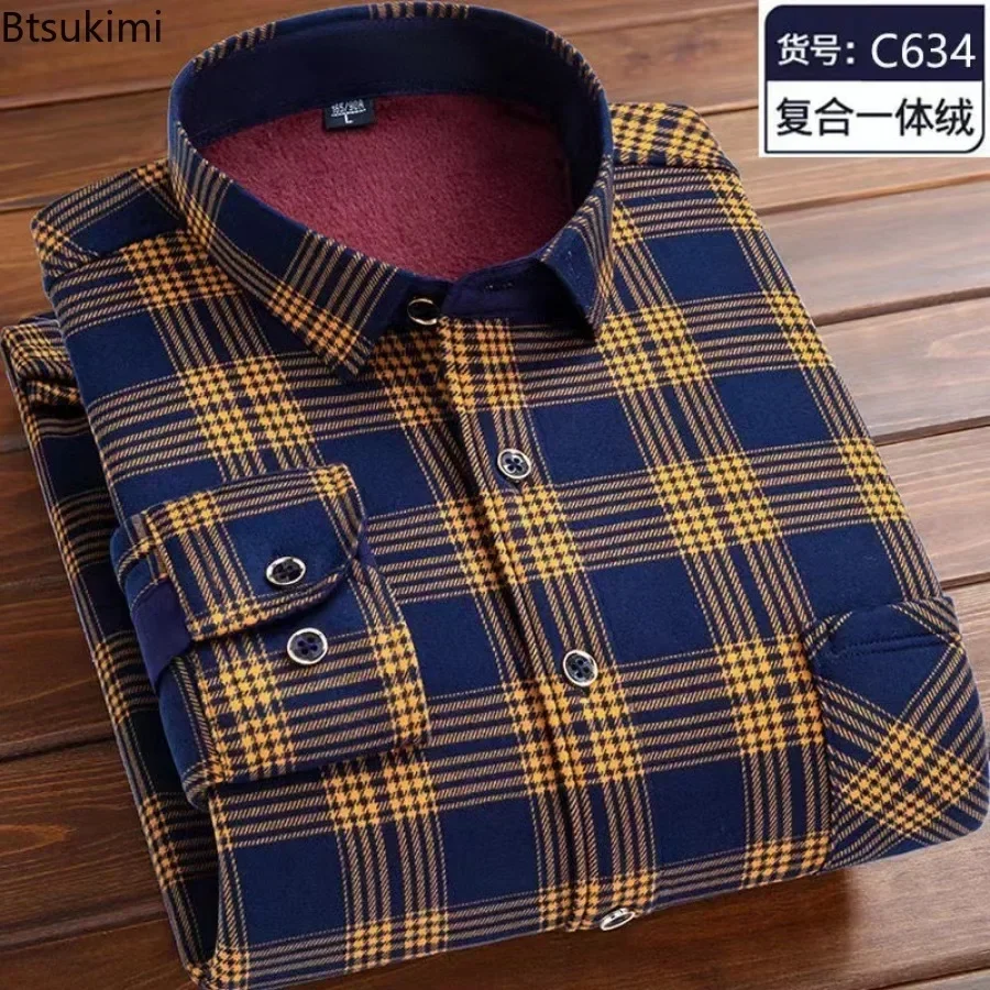 New 2024 Men\'s Long Sleeve Warm Plaid Shirt Autumn Winter Thick Fleece Casual Oversized Shirt Male Vintage Sweater Men Clothing