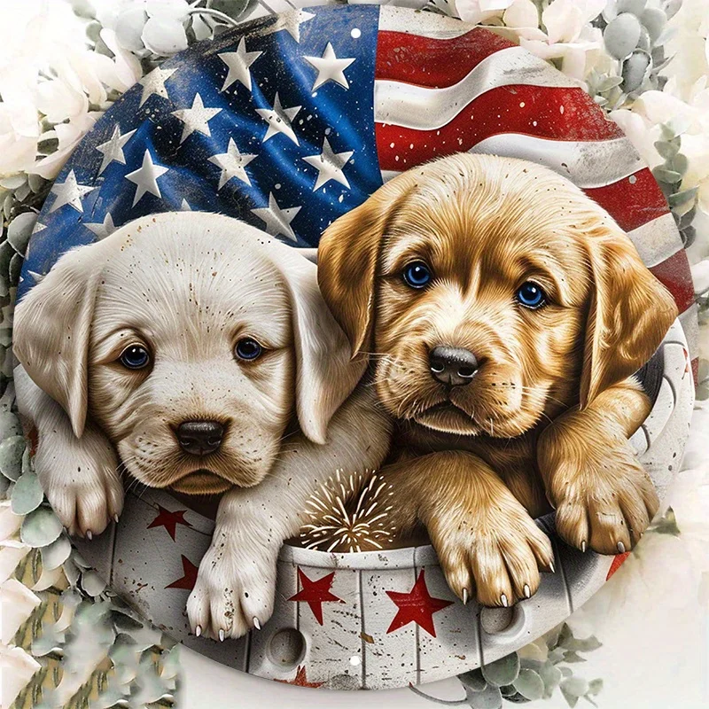 

Charming Puppies and American Flag Round Aluminum Wall Sign, UV and Scratch Resistant, Easy-Hang Decor, Decorative Wall Poster