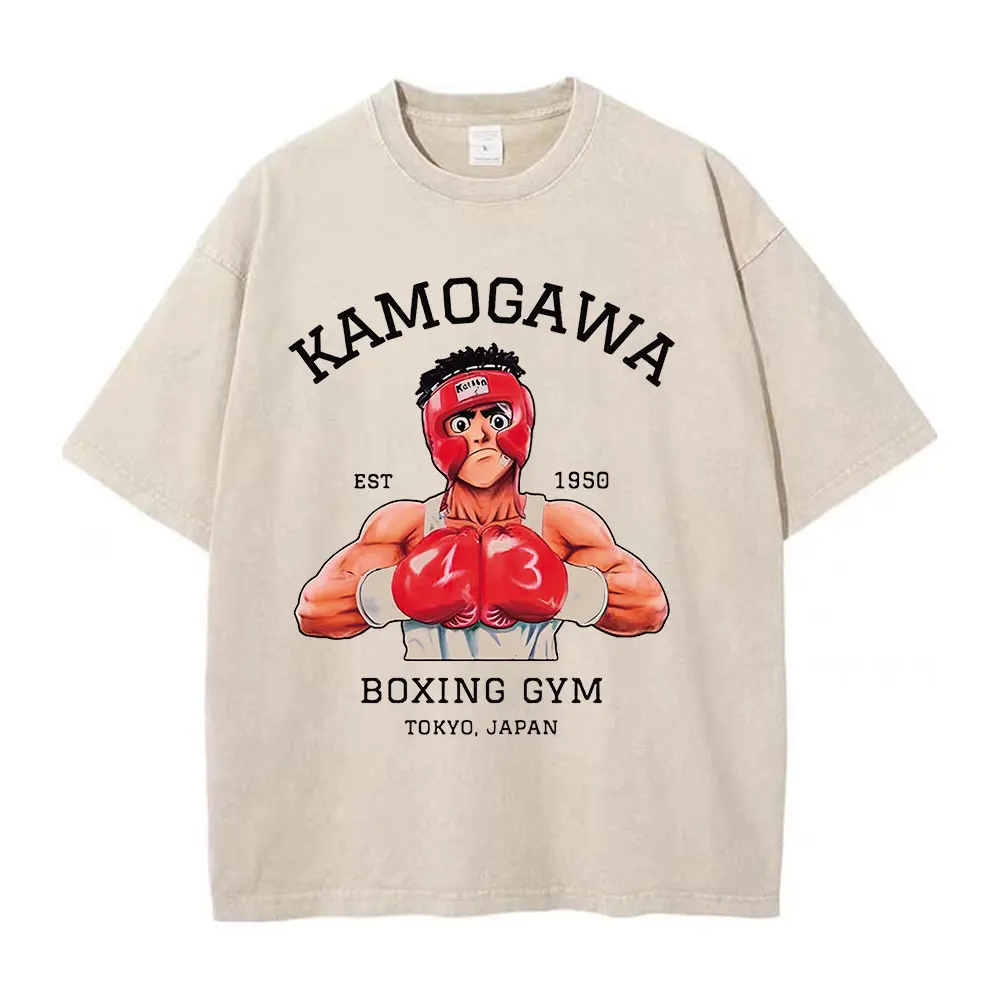 Vintage Cotton Washed T-Shirt Anime Hajime No Ippo Kamogawa Boxing Gym Loose T Shirts Men Women Y2K Hip Hop Summer Top Tee