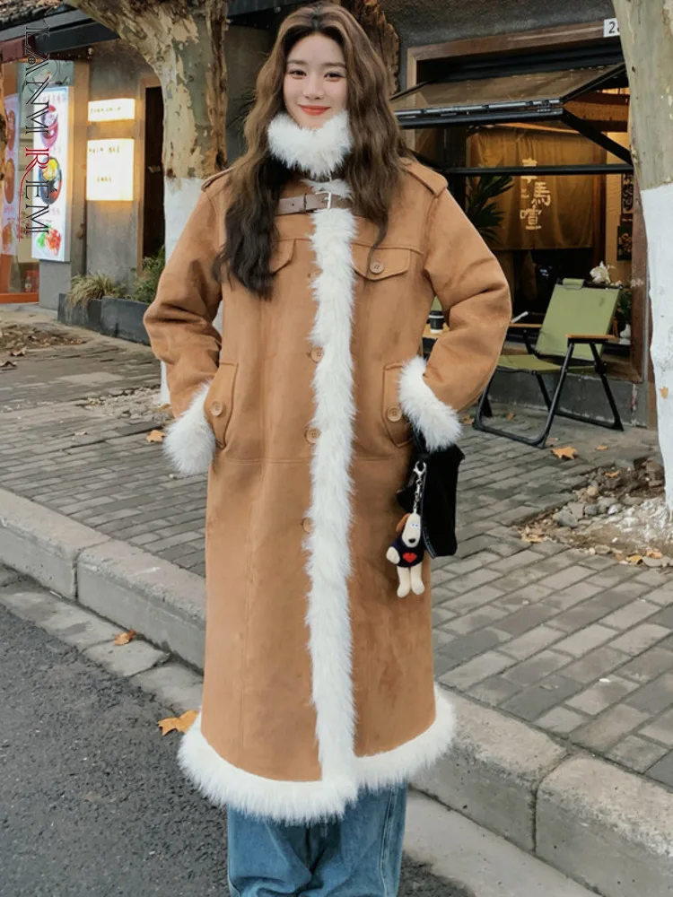 LANMREM Vintage Winter Lamb Fur Ciepły długi płaszcz damski z klapami w kontrastowym kolorze Odzież jednorzędowa Moda 2024 Nowość 2VV410