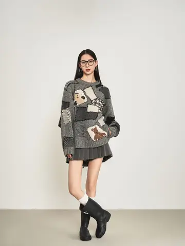 Grey Cartoon Bear Crochet Knit Sweater Women Oversized Pullover Casual Korean Style Cozy Winter Top