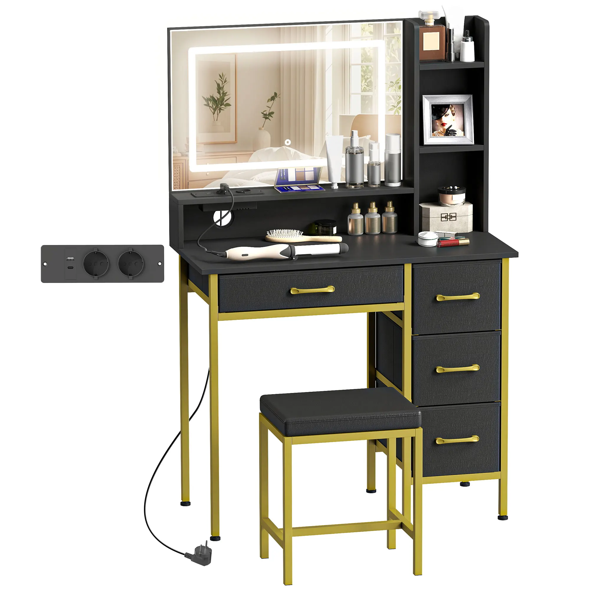 Homcom Toeletta per trucco con specchio Luci a LED Stazione di ricarica Sgabello Stazione di ricarica 4 cassetti Nero
