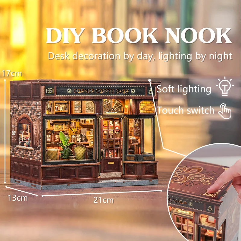CUTEBEE Book Nook Kit 3D DIY Dollhouse with LED Light Bookshelf Insert Street Shop Series Miniature Model For Home Party Decor