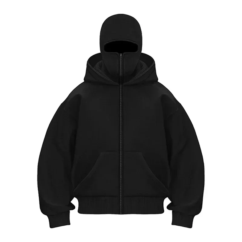 Balaclava Men Zip Hoodie Winter Warm Casual Sweatshirt Y2K with Hooded Face Mask Zipper Design Sports Jacket Outdoor Activities