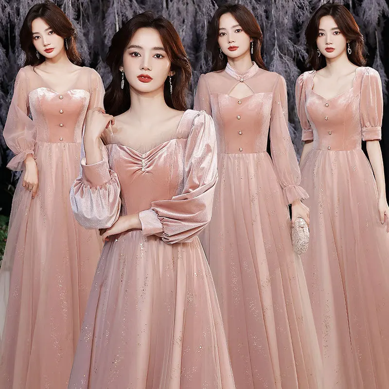 

Pink Velvet Bridesmaid Dresses Elegant Off Shoulder Long Sleeve Wedding Female Guest Gowns 4 Styles Shiny Sisters Party Dress