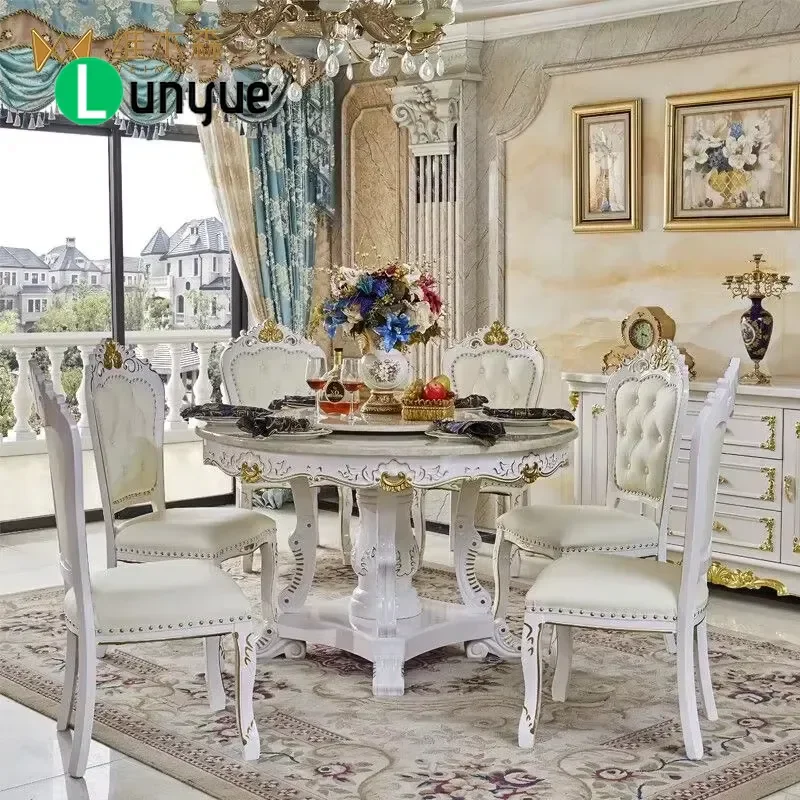 Modern European 6 Seater Dining Table and Chair Set Solid Wood Carved Turntable Marble Top for Hotel Small Apartment Home