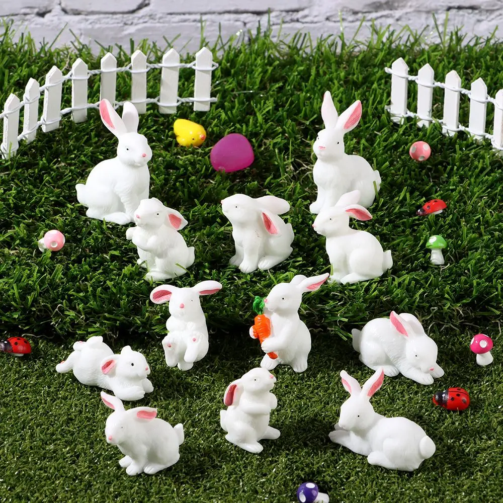 Cute Easter Rabbit Figurine White Hare Mini Animal Resin Bunny Statue Miniature Fairy Garden Decoration Accessories Modern