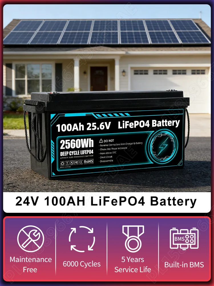 Klasse A 24V 100Ah 150Ah LiFePO4 Batteriepack 6000+ Deep Cycles 25,6V Wiederaufladbare Lithium-Eisenphosphat-Zellen Eingebautes 8S 100A BMS für Wohnmobile, Solar, Marine, Off-Grid und