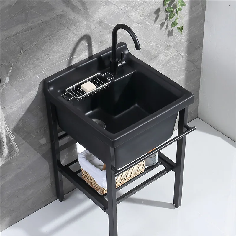 Black Balcony Stainless Steel Laundry Cabinet Deepened Laundry Pool Ceramic Laundry Basin Size Pool Sink Washbasin Single Basin