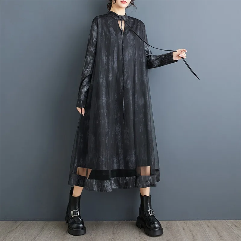 Solto casual e elegante tinta impressa malha dupla camada grande balanço vestido com estilo socialite decote em v rendas até saia longa